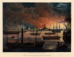 View of the burning plain of Dalla with the British Fleet in the harbour including HMS Diana, the first steam powered warship of the East India Company, newly armed with Congreve rockets.